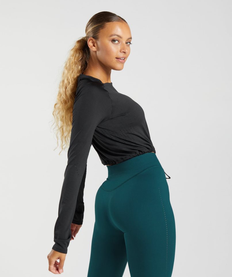 Women's Gymshark Sweat Seamless Long Sleeve Cropped Tops Black | CA NDA186